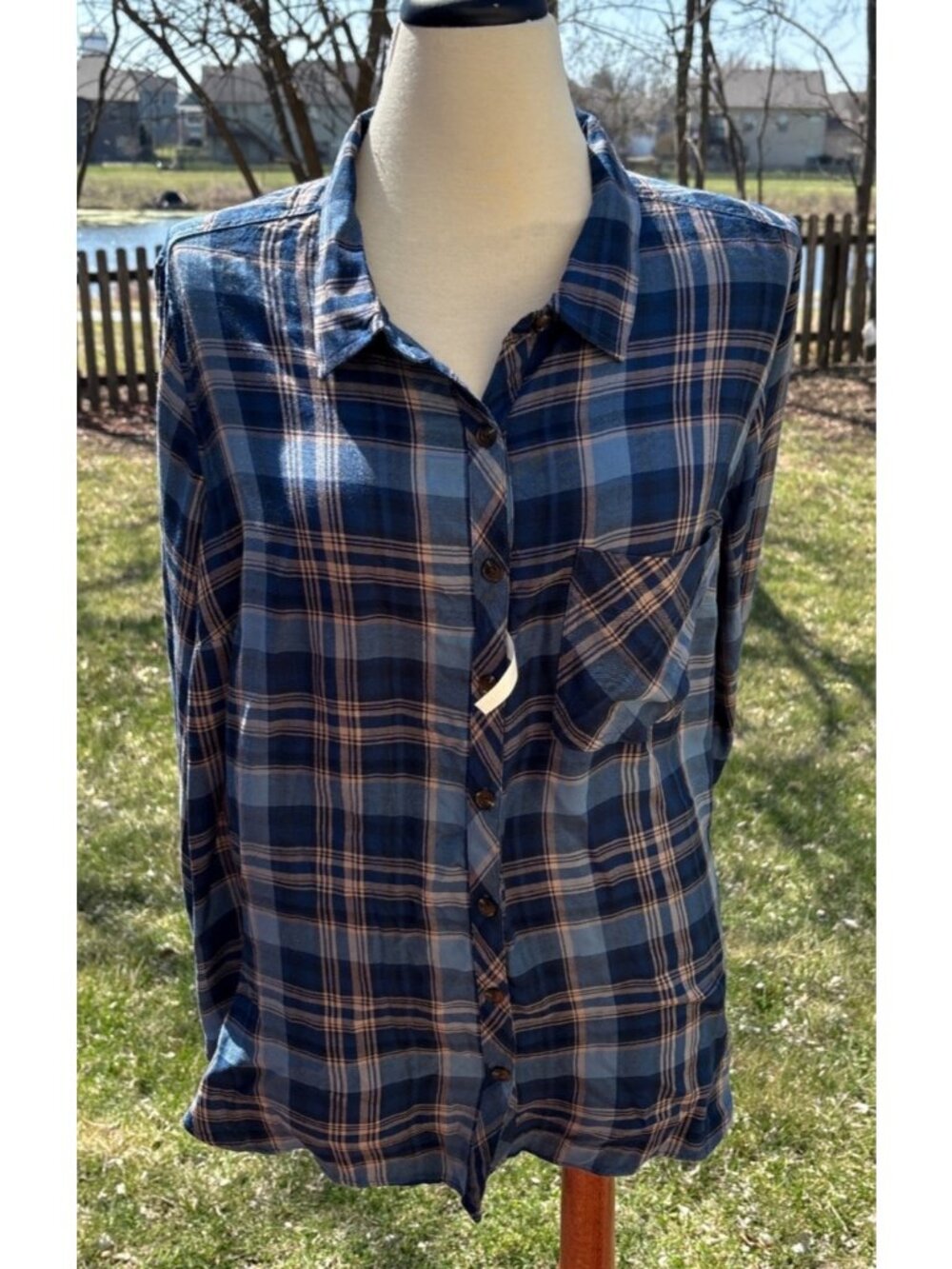 TS Womens Plaid Button-Down Shirt 2X Blue Comet Long Sleeve Casual Lightweight